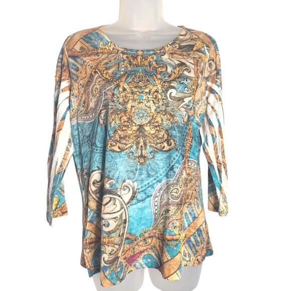 Reba Tops - Reba Top Womens Tee Top Fitted Whimsy Rhinestone Artsy Country Boho Large